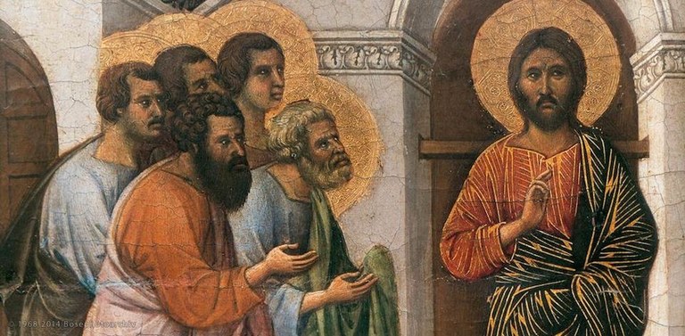 DUCCIO di Buoninsegna, Apparizione di Cristo ai discepoli (dettaglio), 1308-11, tempera su tavola, Museo dell'Opera del Duomo, Siena