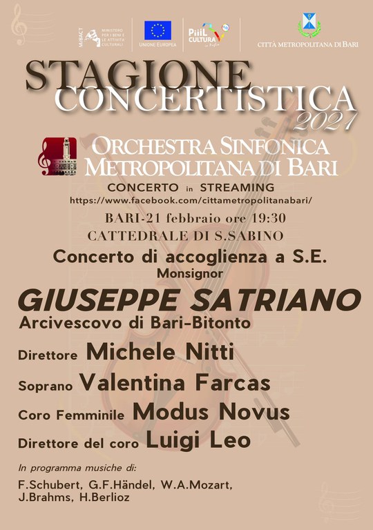 Concerto in streaming dell'orchestra sinfonica metropolitana in onore di S.E. Mons. Giuseppe Satriano, nuovo arcivescovo di Bari-Bitonto