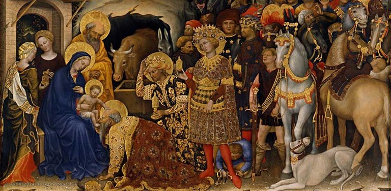 Gentile da Fabriano, Adorazione dei magi (Pala Strozzi), 1423, Tempera, oro e argento su tavola, 300×282 cm, Galleria degli Uffizi, Firenze