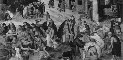 Pieter Brueghel il Giovane, Le sette opere di misericordia, 1616 - 1618 ca. Olio su tavola, Bruxelles. Particolare rieleborato in bianco e nero