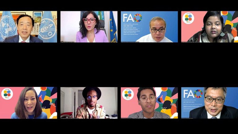 Un incontro online tra i giovani partecipanti al Word Wood Forum 2021 e il direttore generale della FAO Qu Dongyu (in alto a sinistra). Quest'anno l'evento sarà anche in presenza nel quartier generale della FAO a Roma