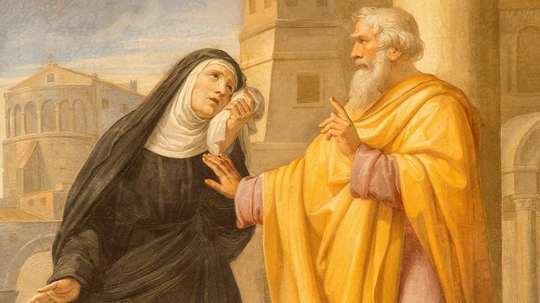 Santa Monica si rivolge a un vescovo perchè aiuti il figlio Agostino a trovare la fede. Affresco, Basilica di Sant'Agostino, Roma (©Renáta Sedmáková - stock.adobe.com)